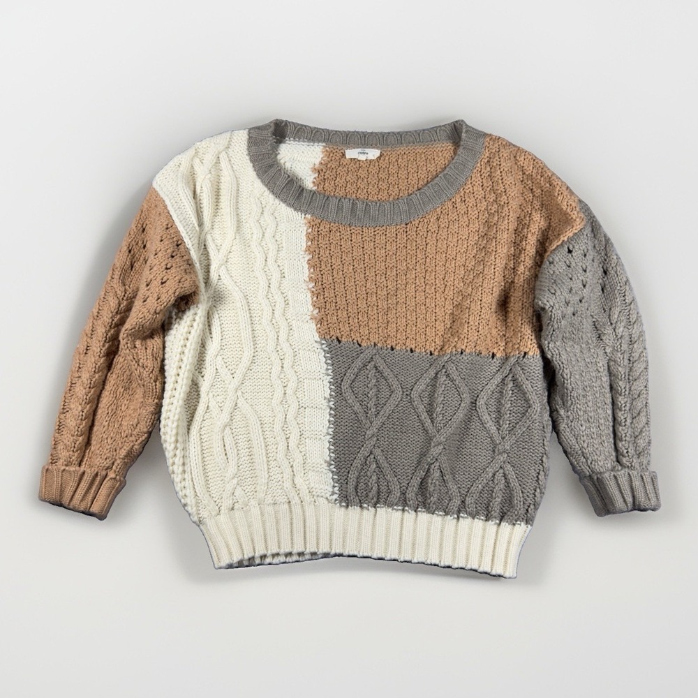 Entro Women's Large Colorblock Cable Knit Sweater Tan Gray Cream Oversized